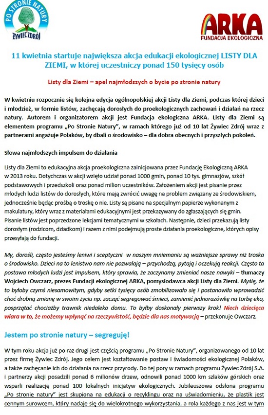 Informacja prasowa Listy dla Ziemi str1