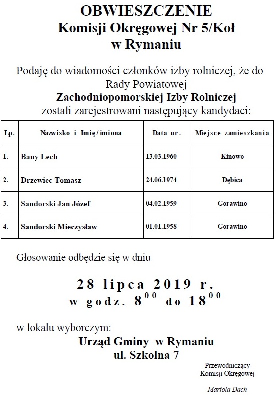 obwieszczenie Wybory do Izb Rolniczych 28.07.2019