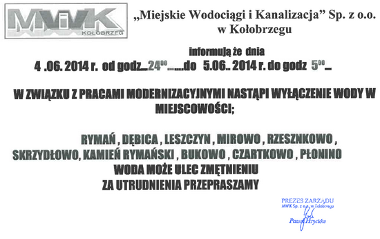 Informacja o wylaczeniu wody 550