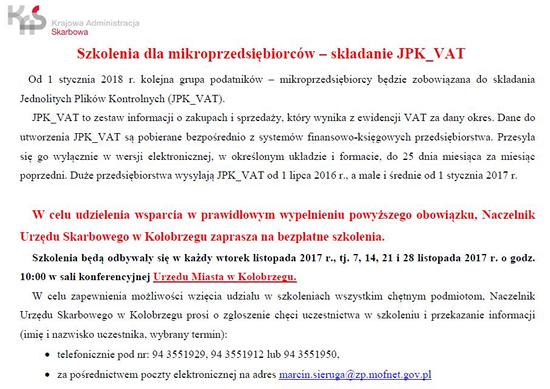 Informacja o szkoleniu JPK VAT