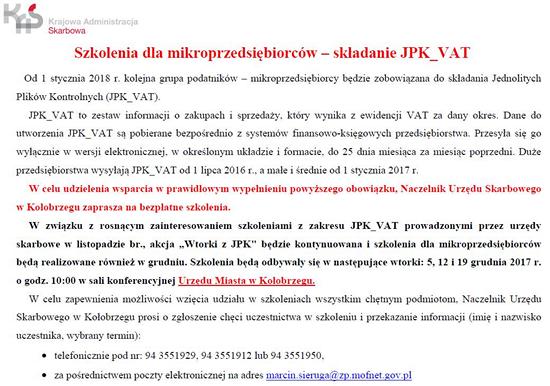 Informacja o szkoleniu JPK VAT 05.12.2017