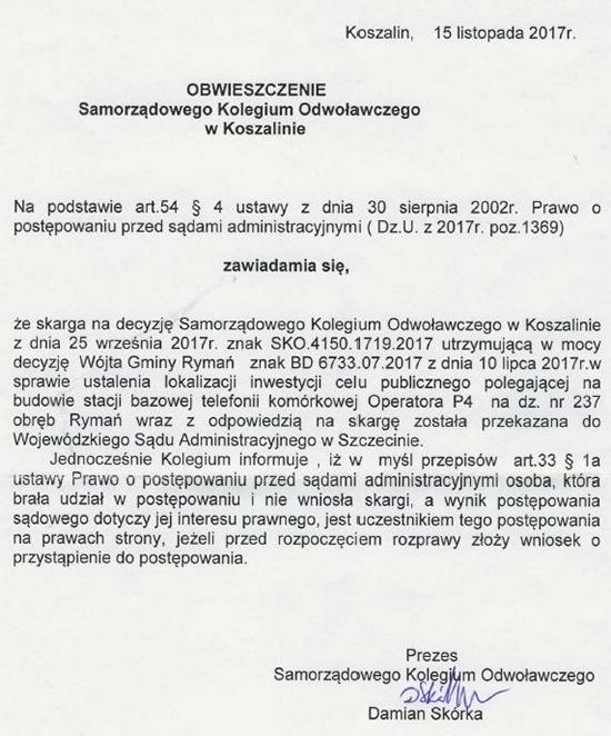 Obwieszczenie SKO budowa stacji telefonii dz. nr 237 15.11.2017