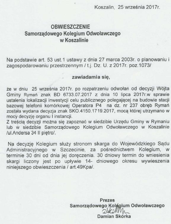 obwieszczenie SKO Budowa stacji komorkowej dz. nr 237