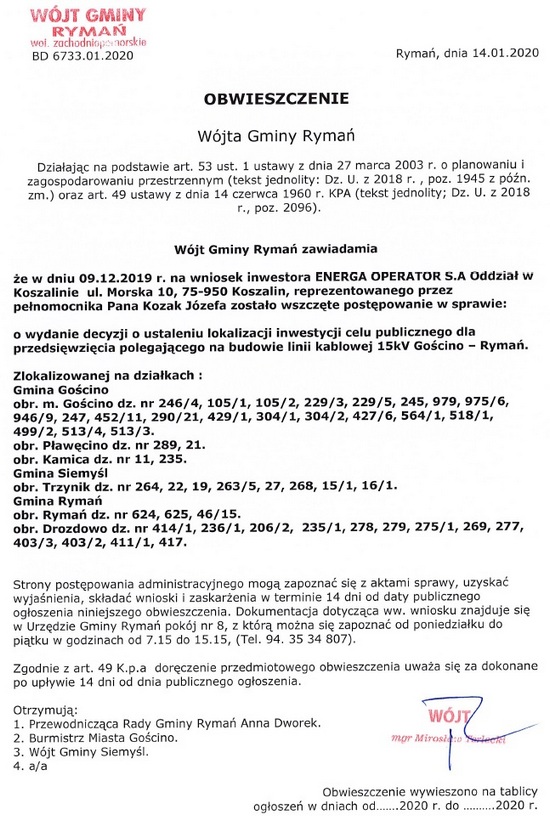 Obwieszczenie Wojta linia kablowa 15kV 2020.01.14 550